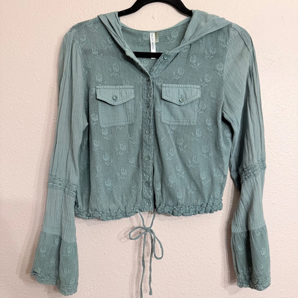 Mur Mur Sage Green Cotton Eyelet Crochet Hooded Blouse Bell Sleeve Boho Small